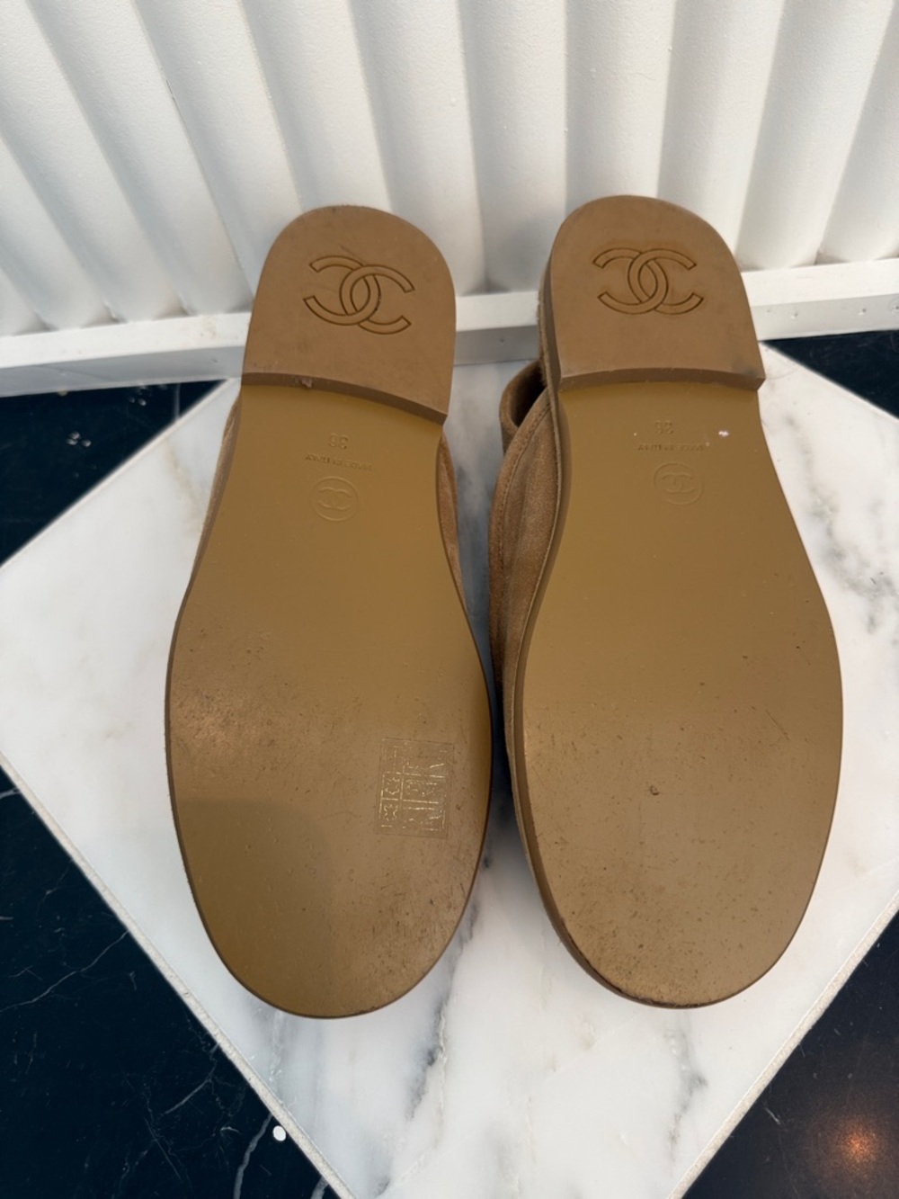 CHANEL Tan Suede Loafers with Silver CC Hardware - Picture 2 of 5